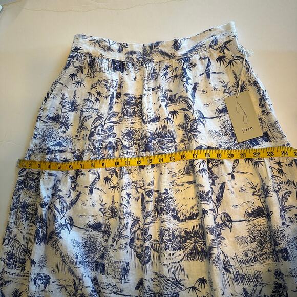 Joie Linen Midi Skirt Womens Medium White Blue Pull On Beachy Tropical Floral - Picture 10 of 10